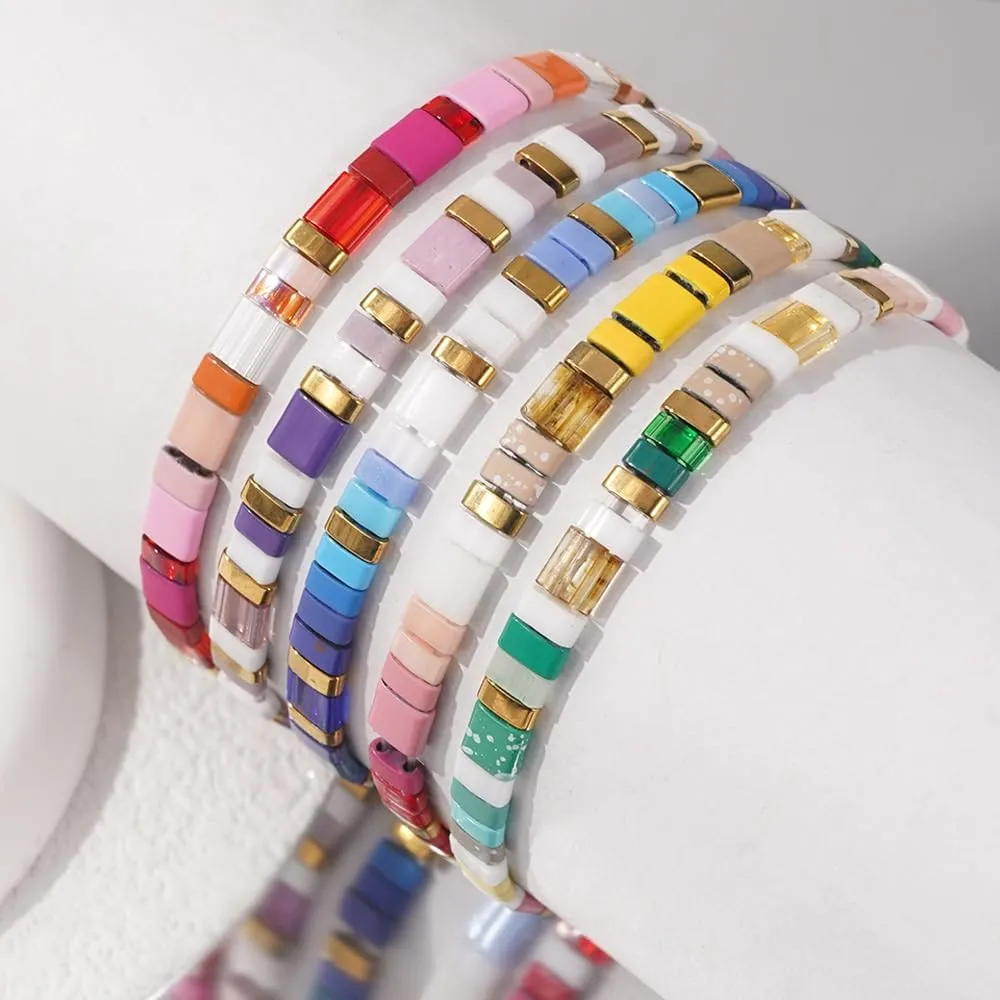 Summer Candy Colorful Tila Flat Seed Beads Stretch Strand Bracelets for Women Trendy Unique Friendship Handmade Mixed Square Beaded Link Stackable Friendship Summer Jewelry Gifts
