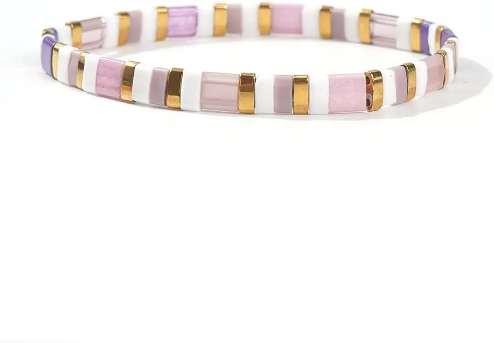 Summer Candy Colorful Tila Flat Seed Beads Stretch Strand Bracelets for Women Trendy Unique Friendship Handmade Mixed Square Beaded Link Stackable Friendship Summer Jewelry Gifts
