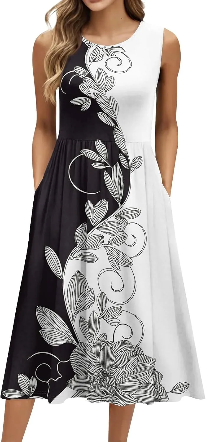 Summer Dresses for Women Casual Sleeveless Midi Dress Swing Tank Sundress Flowy Beach Tshirt Dress with Pockets