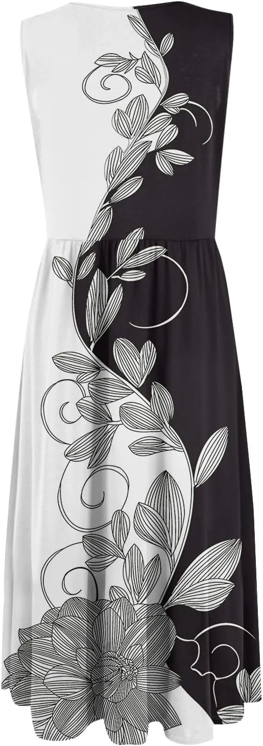 Summer Dresses for Women Casual Sleeveless Midi Dress Swing Tank Sundress Flowy Beach Tshirt Dress with Pockets