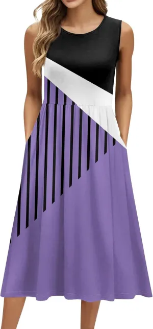 Summer Dresses for Women Casual Sleeveless Midi Dress Swing Tank Sundress Flowy Beach Tshirt Dress with Pockets