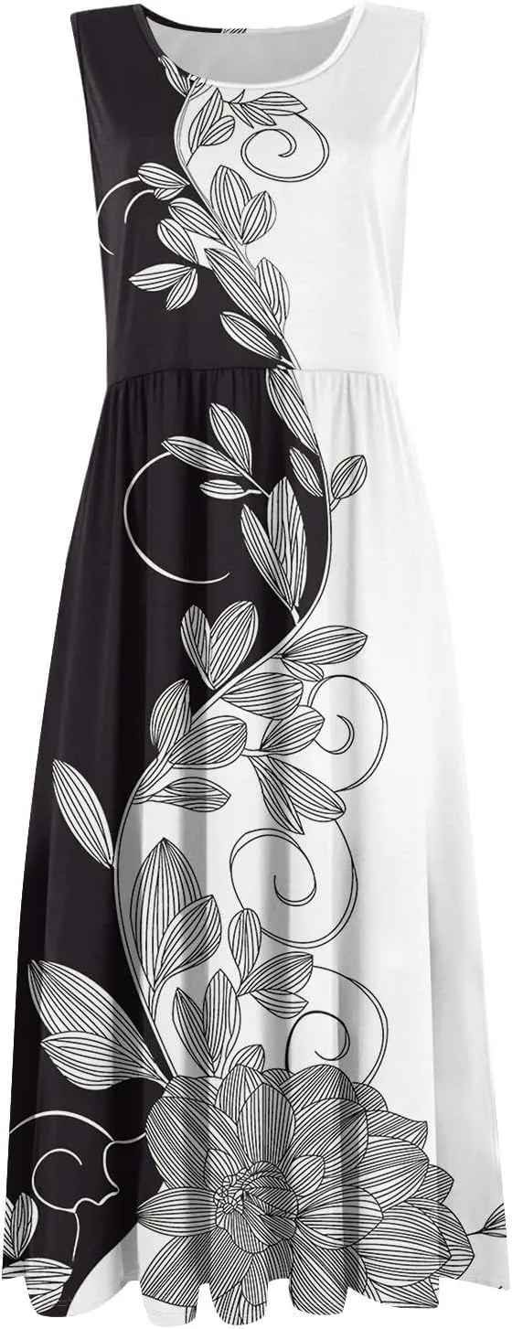 Summer Dresses for Women Casual Sleeveless Midi Dress Swing Tank Sundress Flowy Beach Tshirt Dress with Pockets