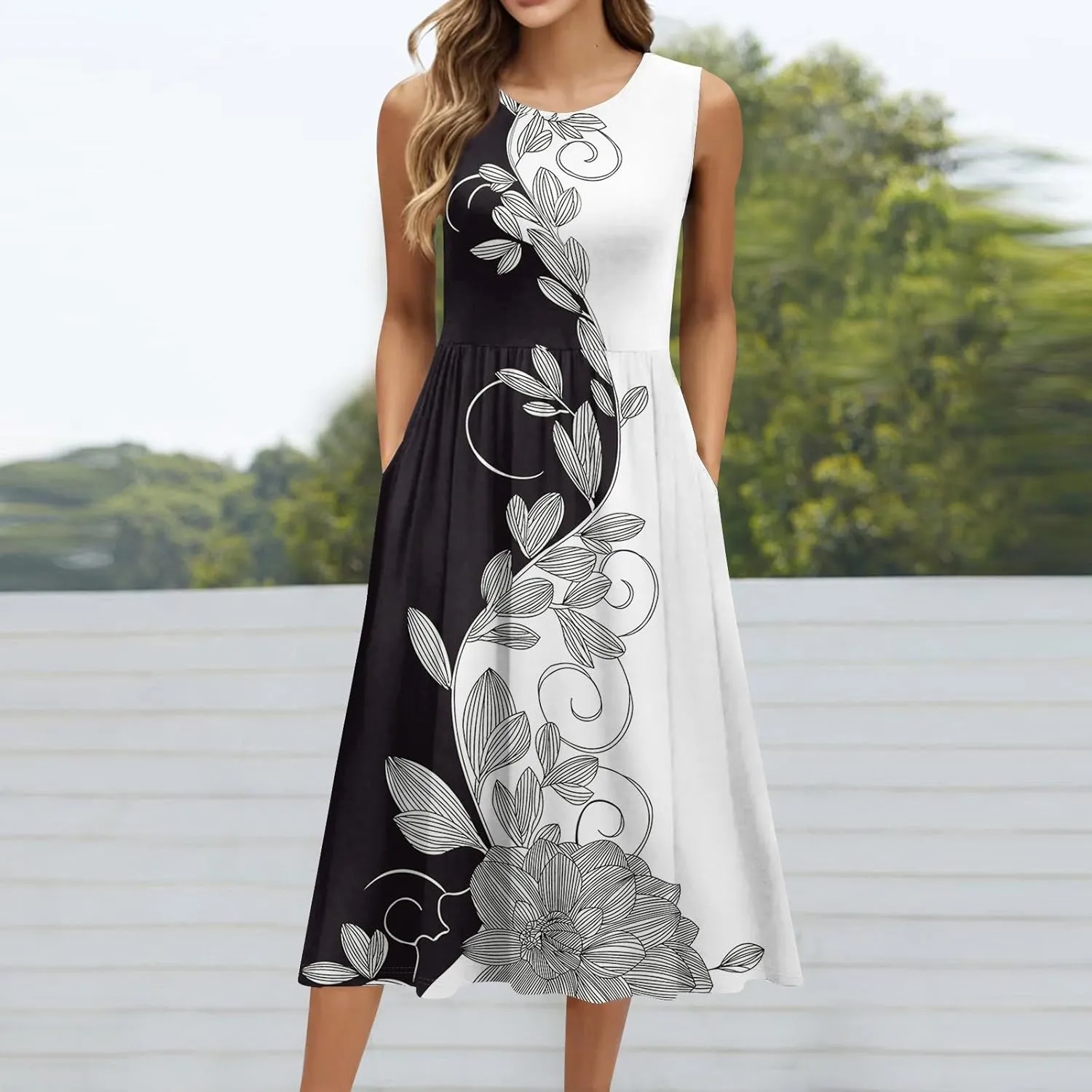 Summer Dresses for Women Casual Sleeveless Midi Dress Swing Tank Sundress Flowy Beach Tshirt Dress with Pockets