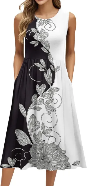 Summer Dresses for Women Casual Sleeveless Midi Dress Swing Tank Sundress Flowy Beach Tshirt Dress with Pockets