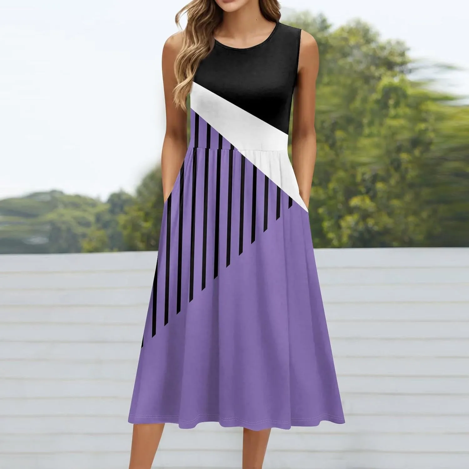 Summer Dresses for Women Casual Sleeveless Midi Dress Swing Tank Sundress Flowy Beach Tshirt Dress with Pockets