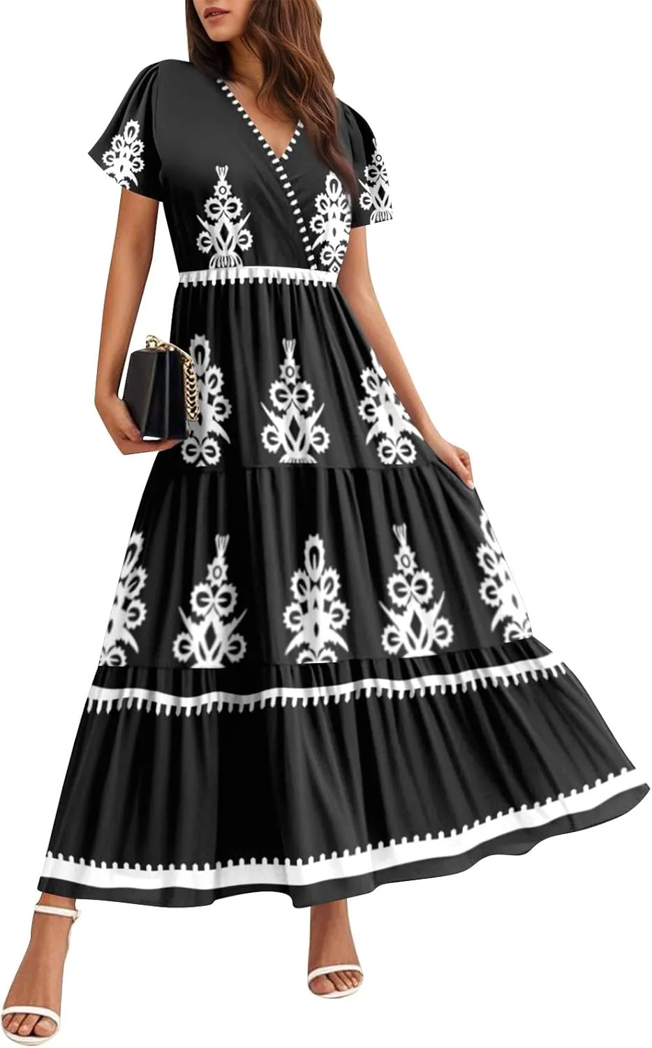 Summer Dresses for Women Crewneck Short Sleeve A Line Casual Floral Dresses Chiffon Tie Waist Pleated Midi Dress