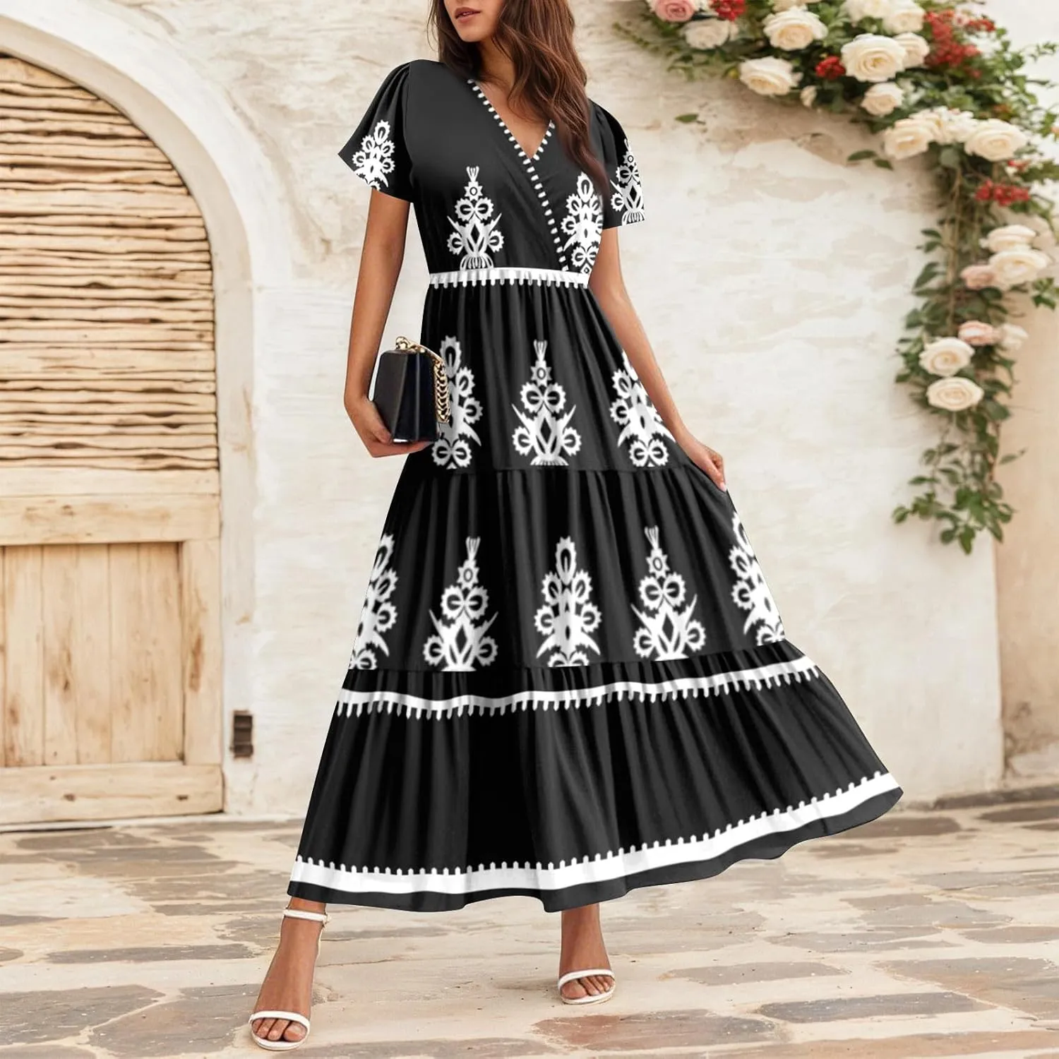 Summer Dresses for Women Crewneck Short Sleeve A Line Casual Floral Dresses Chiffon Tie Waist Pleated Midi Dress