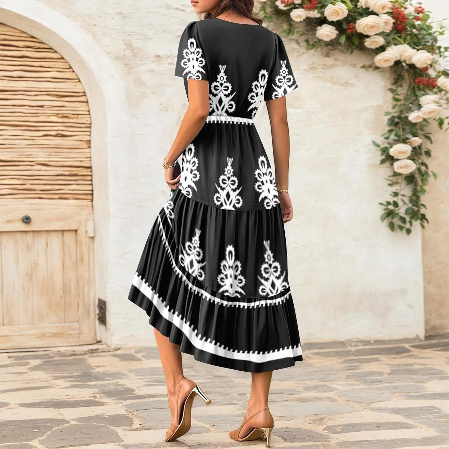 Summer Dresses for Women Crewneck Short Sleeve A Line Casual Floral Dresses Chiffon Tie Waist Pleated Midi Dress