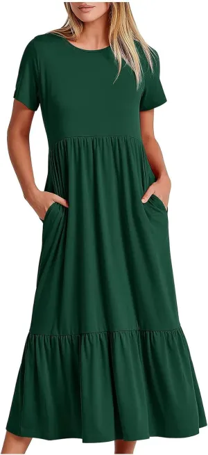 Summer Maxi Dresses for Women 2025 Crew Neck Short Sleeve Dress Casual Sun Dress Summer Beach Vacation Sundress