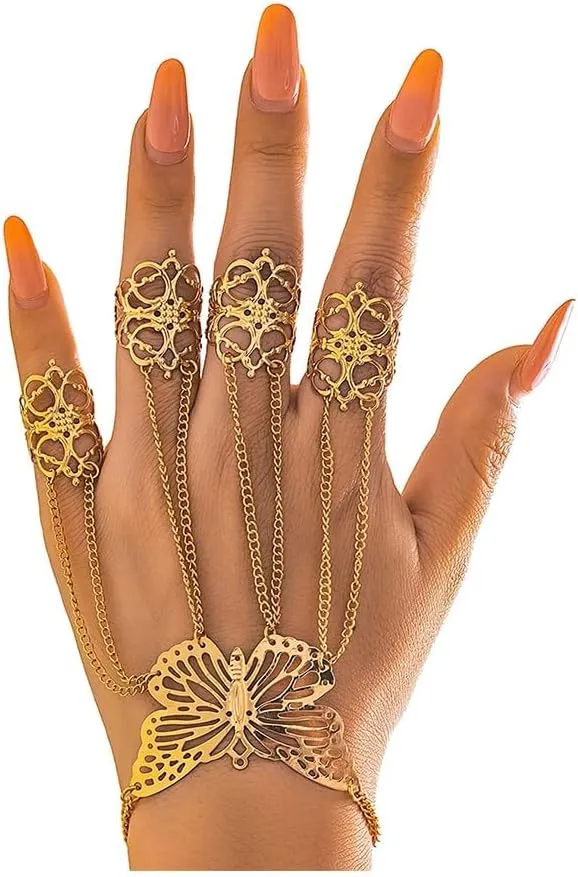 Summer Punk Butterfly Finger Bracelets with Ring,Exaggerated Finger Wrist Chains Rings Bracelets Gothic Link Chain Finger Bracelet Festival Halloween Hand Chain Body Jewelry for Women