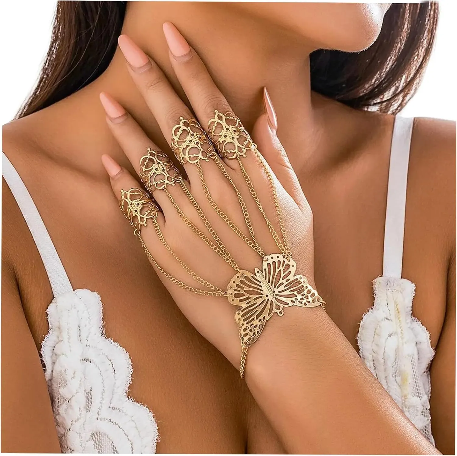Summer Punk Butterfly Finger Bracelets with Ring,Exaggerated Finger Wrist Chains Rings Bracelets Gothic Link Chain Finger Bracelet Festival Halloween Hand Chain Body Jewelry for Women