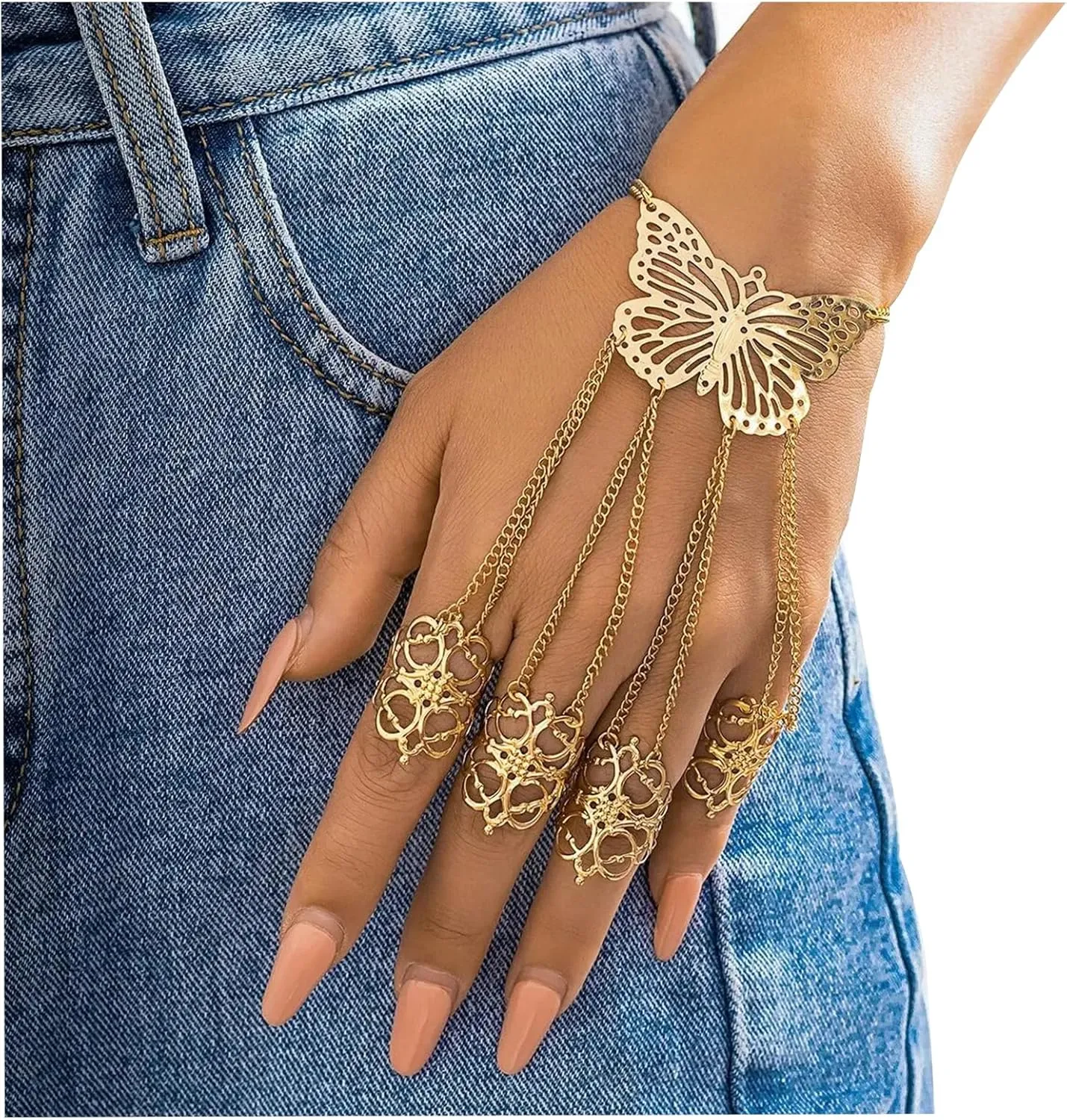 Summer Punk Butterfly Finger Bracelets with Ring,Exaggerated Finger Wrist Chains Rings Bracelets Gothic Link Chain Finger Bracelet Festival Halloween Hand Chain Body Jewelry for Women