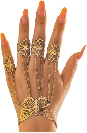 Summer Punk Butterfly Finger Bracelets with Ring,Exaggerated Finger Wrist Chains Rings Bracelets Gothic Link Chain Finger Bracelet Festival Halloween Hand Chain Body Jewelry for Women