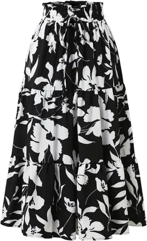Summer Skirts for Women 2025 Boho Casual Pleated High Waisted Floral Midi Skirt Elastic Tie Knot Flowy A line Skirts