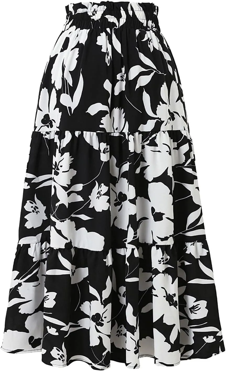 Summer Skirts for Women 2025 Boho Casual Pleated High Waisted Floral Midi Skirt Elastic Tie Knot Flowy A line Skirts