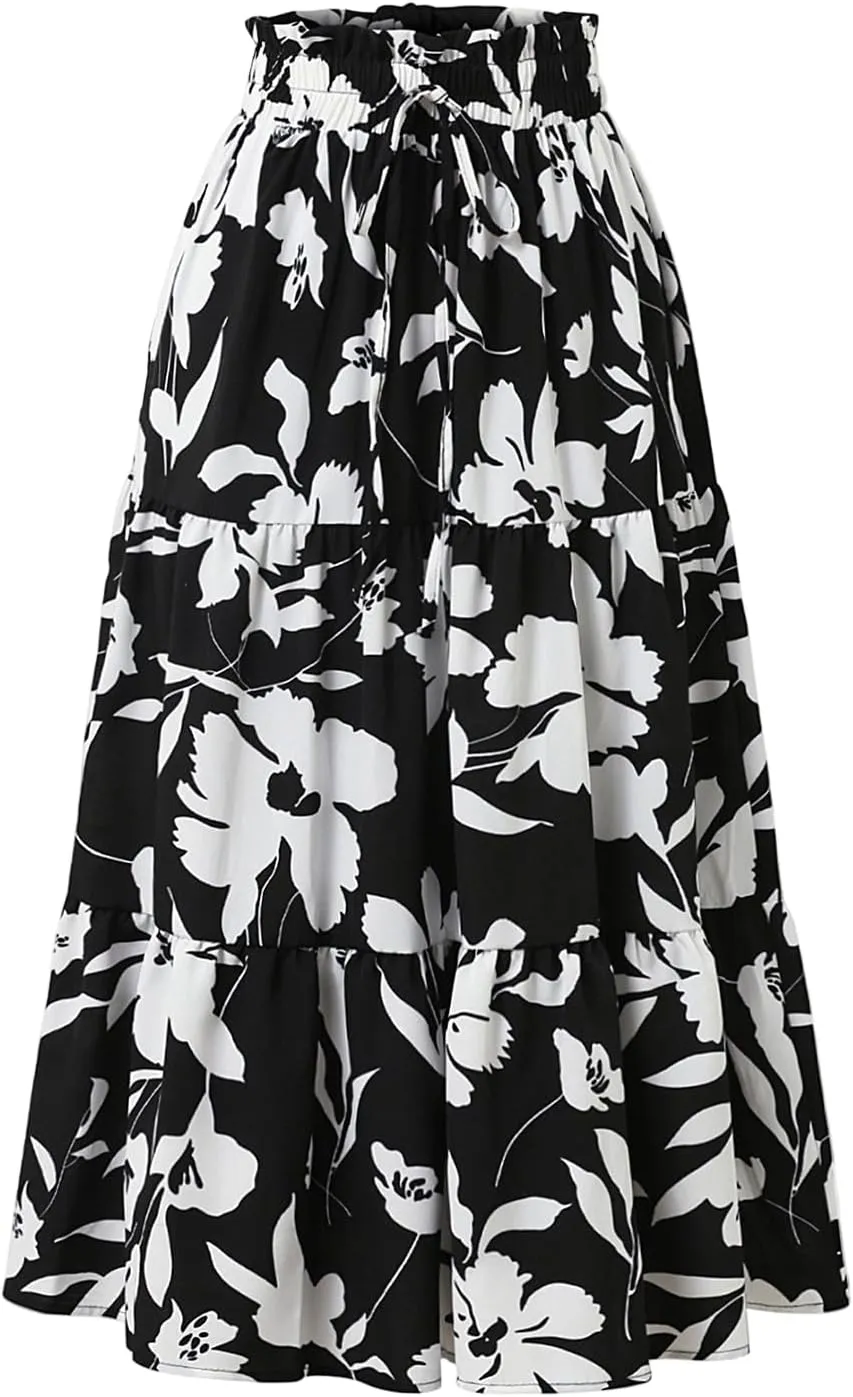 Summer Skirts for Women 2025 Boho Casual Pleated High Waisted Floral Midi Skirt Elastic Tie Knot Flowy A line Skirts