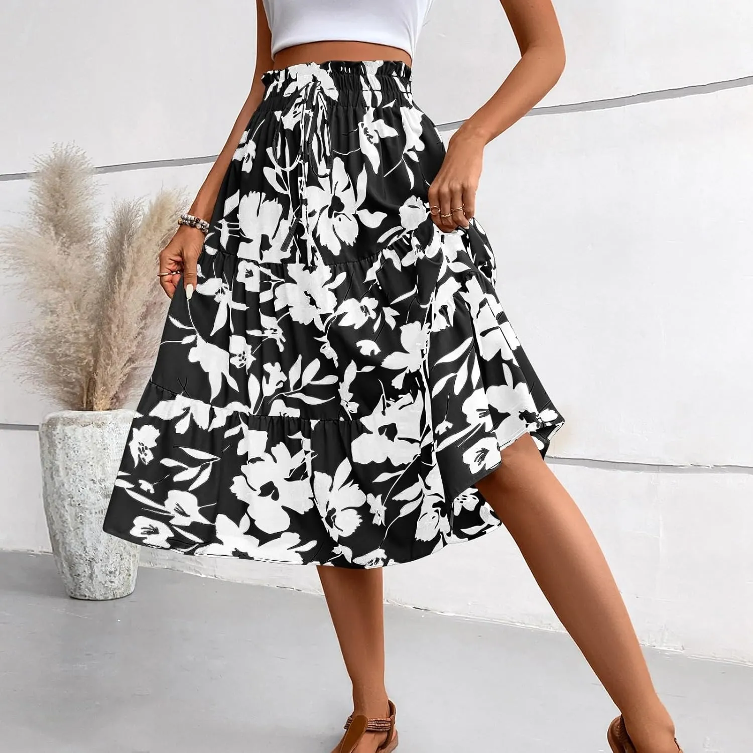 Summer Skirts for Women 2025 Boho Casual Pleated High Waisted Floral Midi Skirt Elastic Tie Knot Flowy A line Skirts