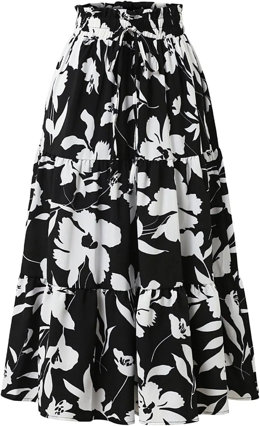 Summer Skirts for Women 2025 Boho Casual Pleated High Waisted Floral Midi Skirt Elastic Tie Knot Flowy A line Skirts