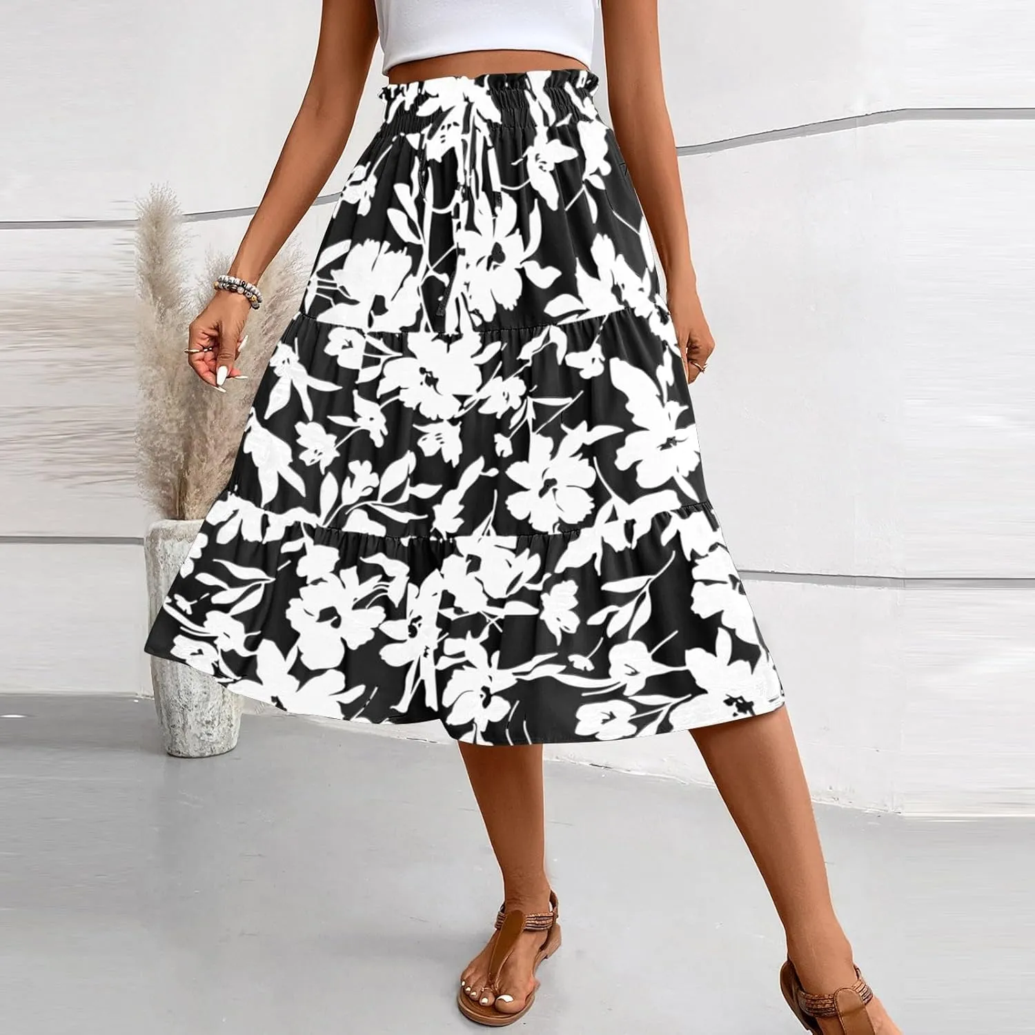 Summer Skirts for Women 2025 Boho Casual Pleated High Waisted Floral Midi Skirt Elastic Tie Knot Flowy A line Skirts