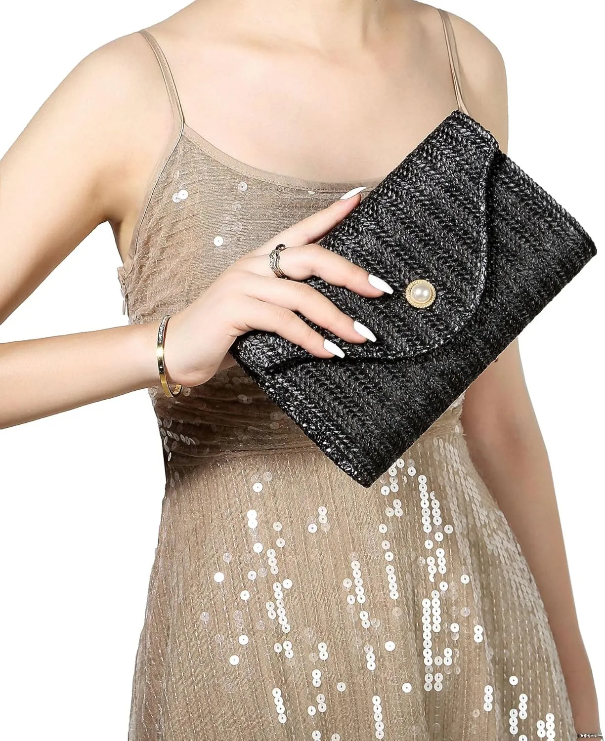 Summer Straw Clutch Purses for Women Woven Rattan Evening Bag Envelope Wallet Raffia Beach Shoulder Bag Pearl Handbags
