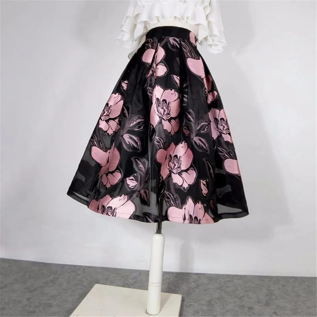 Summer Stylish Vintage Aesthetic Elegant High Waist Pleated Midi Skirt Floral Embroidery Pleated Skirt