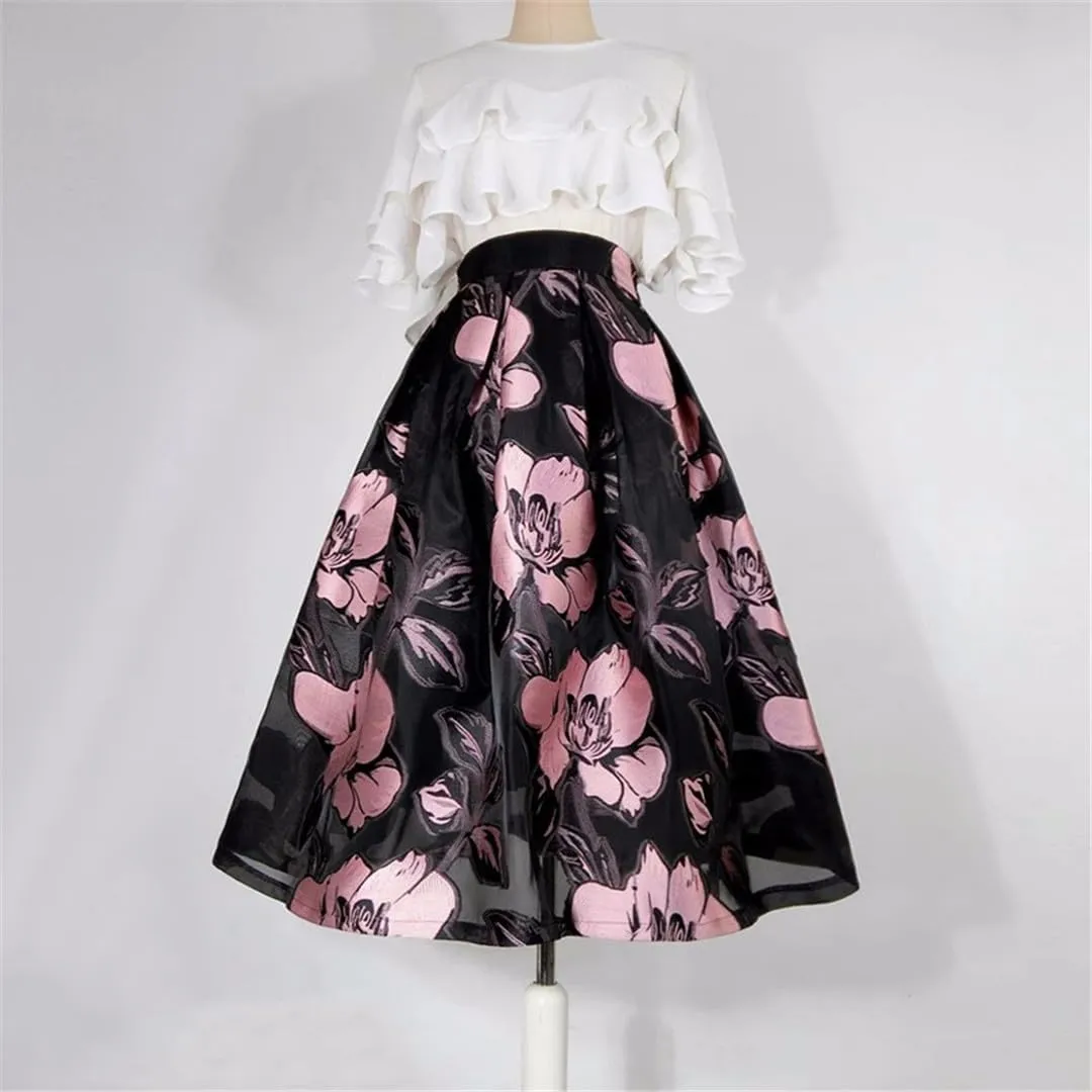 Summer Stylish Vintage Aesthetic Elegant High Waist Pleated Midi Skirt Floral Embroidery Pleated Skirt