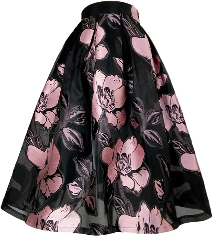 Summer Stylish Vintage Aesthetic Elegant High Waist Pleated Midi Skirt Floral Embroidery Pleated Skirt