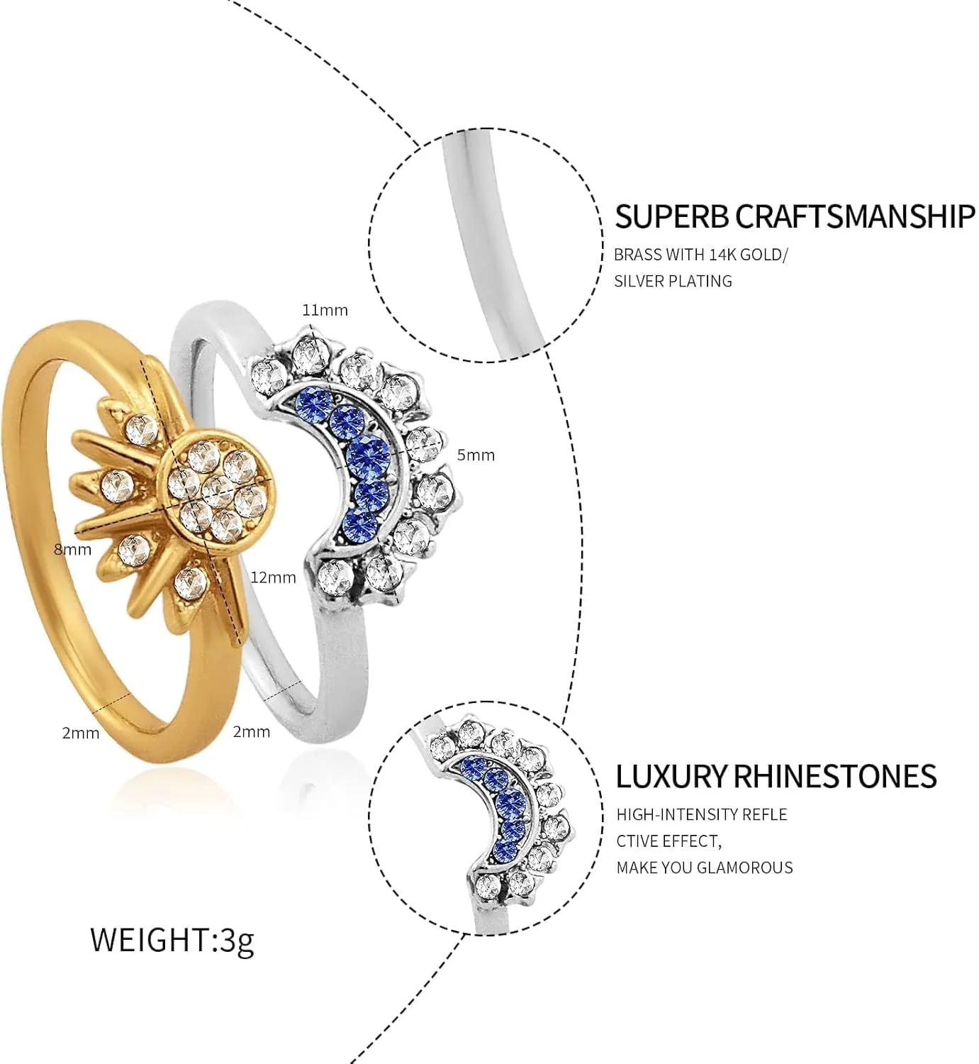 Sun and Moon Rings for Women 14K Gold/Silver Plated Stackable Celestial Rings Adjustable Sun and Moon Set Rings Friendship Promise Ring Prom Jewelry Gift