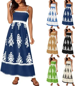 Sundresses for Women 2025 Summer Floral Sundress Spaghetti Strap Flowy Beach Vacation Boho Maxi Dresses with Pocket