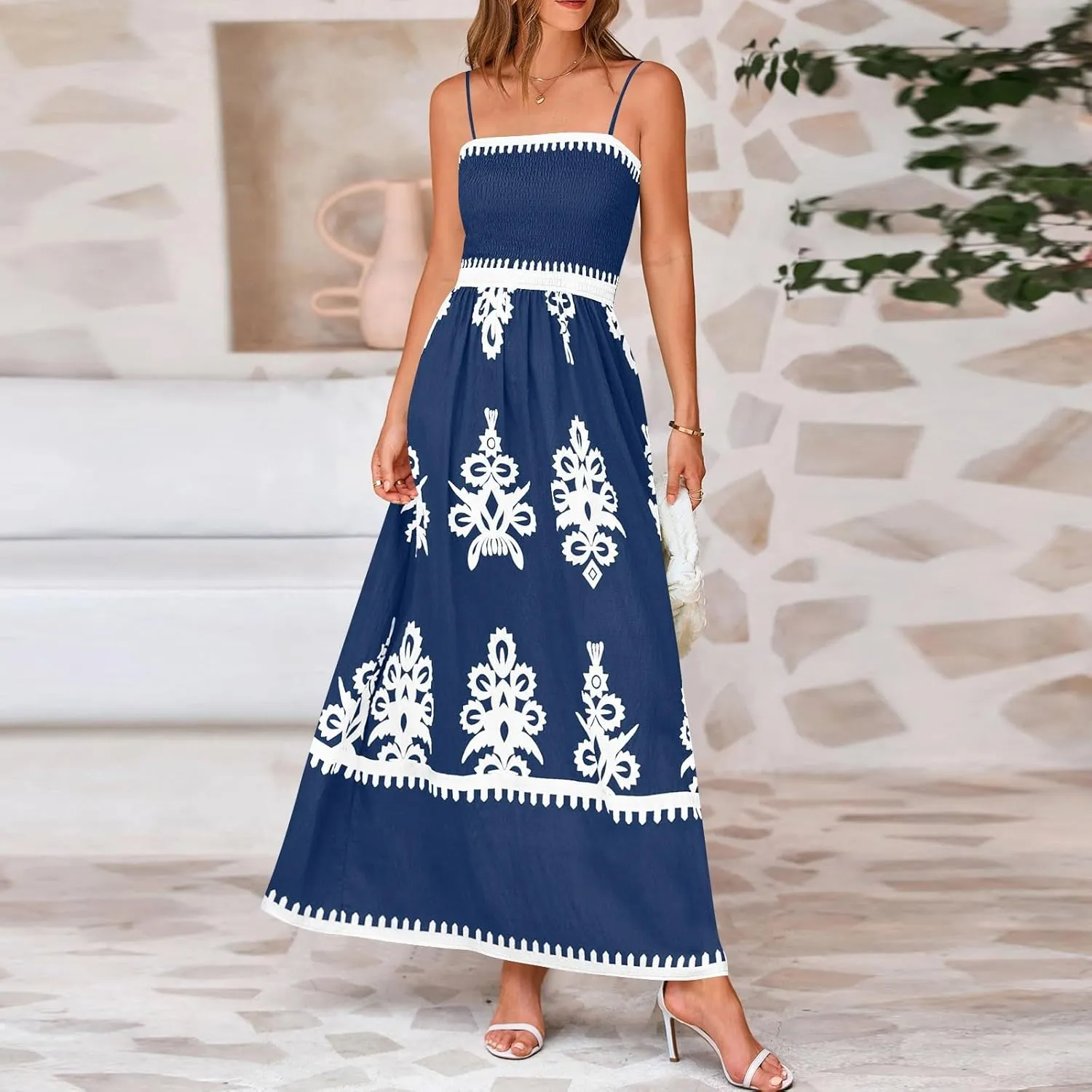 Sundresses for Women 2025 Summer Floral Sundress Spaghetti Strap Flowy Beach Vacation Boho Maxi Dresses with Pocket