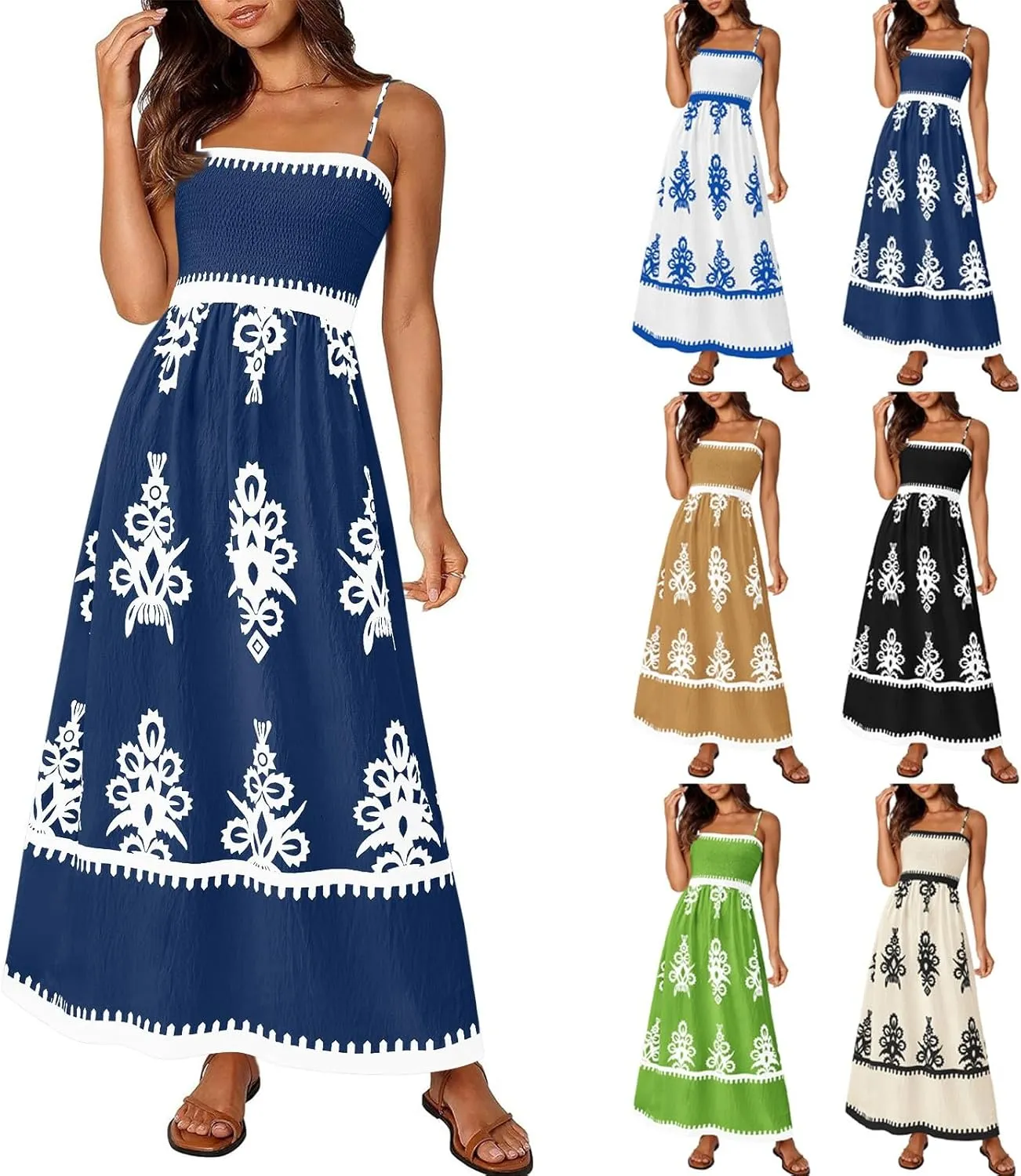 Sundresses for Women 2025 Summer Floral Sundress Spaghetti Strap Flowy Beach Vacation Boho Maxi Dresses with Pocket