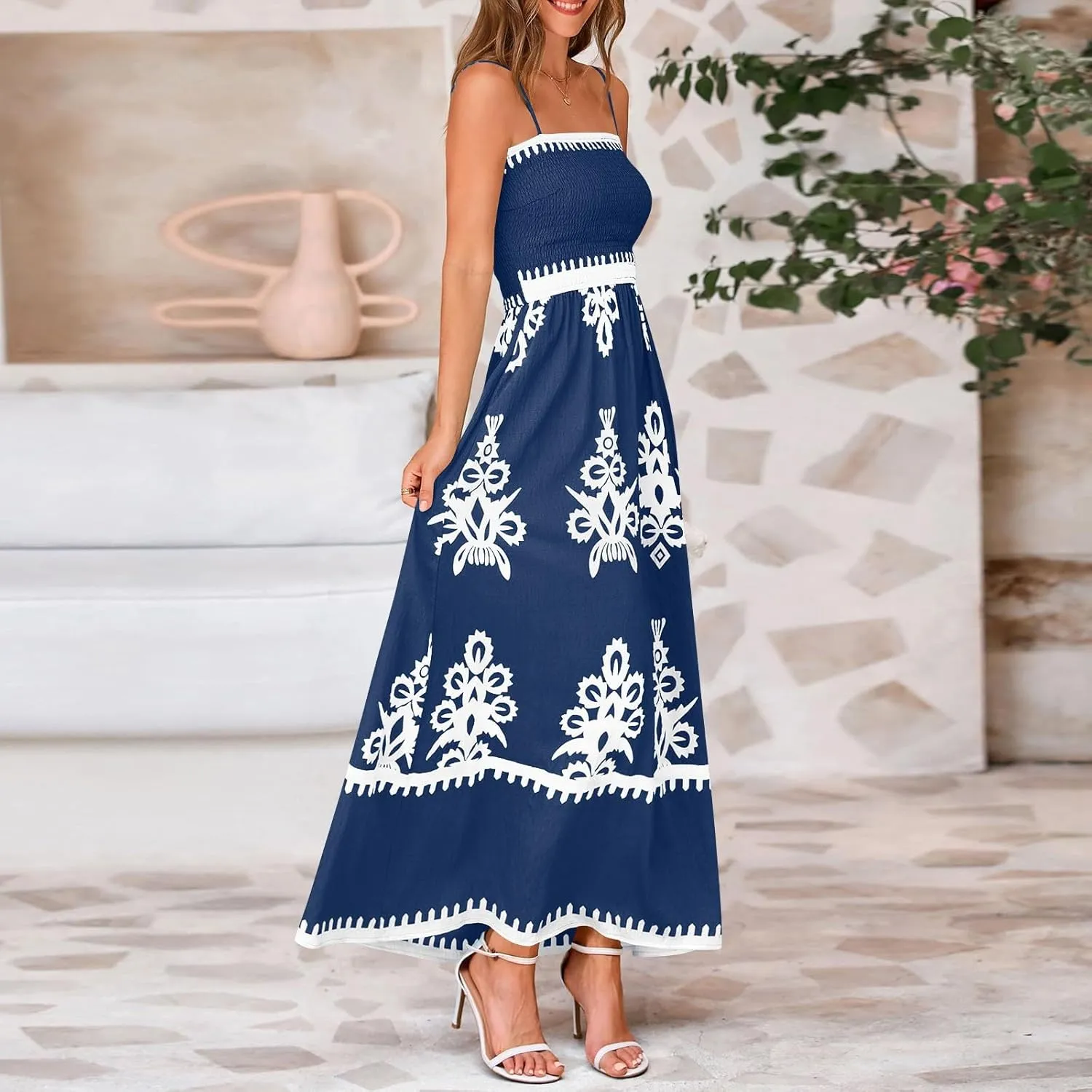 Sundresses for Women 2025 Summer Floral Sundress Spaghetti Strap Flowy Beach Vacation Boho Maxi Dresses with Pocket