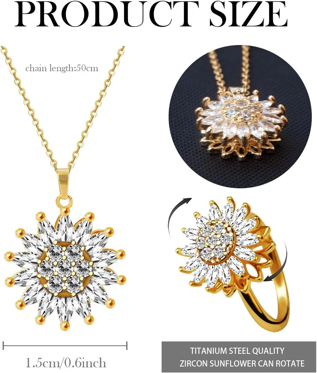 Sunflower Fidget Necklace for Women Gold Moon Necklace Rotating Heart Necklace Spinning Crystal Sunflower Necklace Crescent Moon Necklace Anxiety Necklace Jewelry Accessories