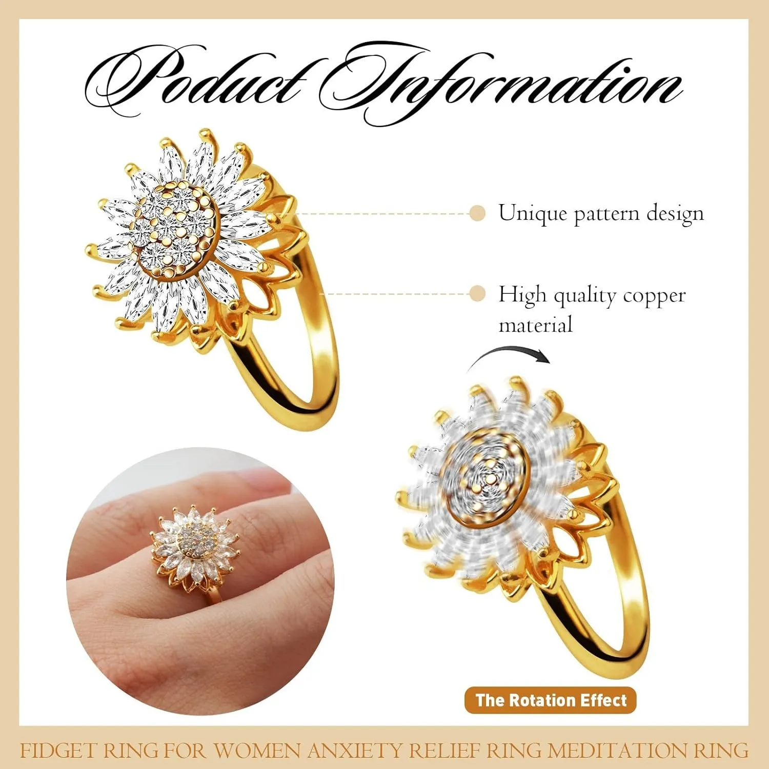 Sunflower Fidget Necklace for Women Gold Moon Necklace Rotating Heart Necklace Spinning Crystal Sunflower Necklace Crescent Moon Necklace Anxiety Necklace Jewelry Accessories