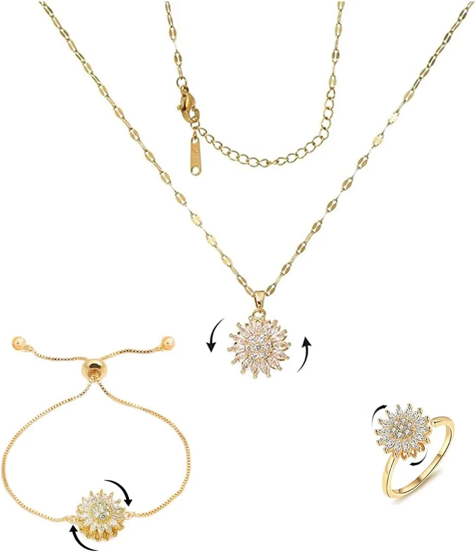 Sunflower Fidget Necklace for Women Gold Moon Necklace Rotating Heart Necklace Spinning Crystal Sunflower Necklace Crescent Moon Necklace Anxiety Necklace Jewelry Accessories