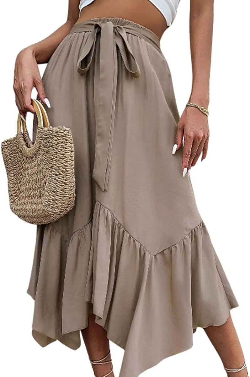 sysinside Women's High Elastic Waist Tie Front Pleated Asymmetrical Ruffled Hem Swing Midi Skirts