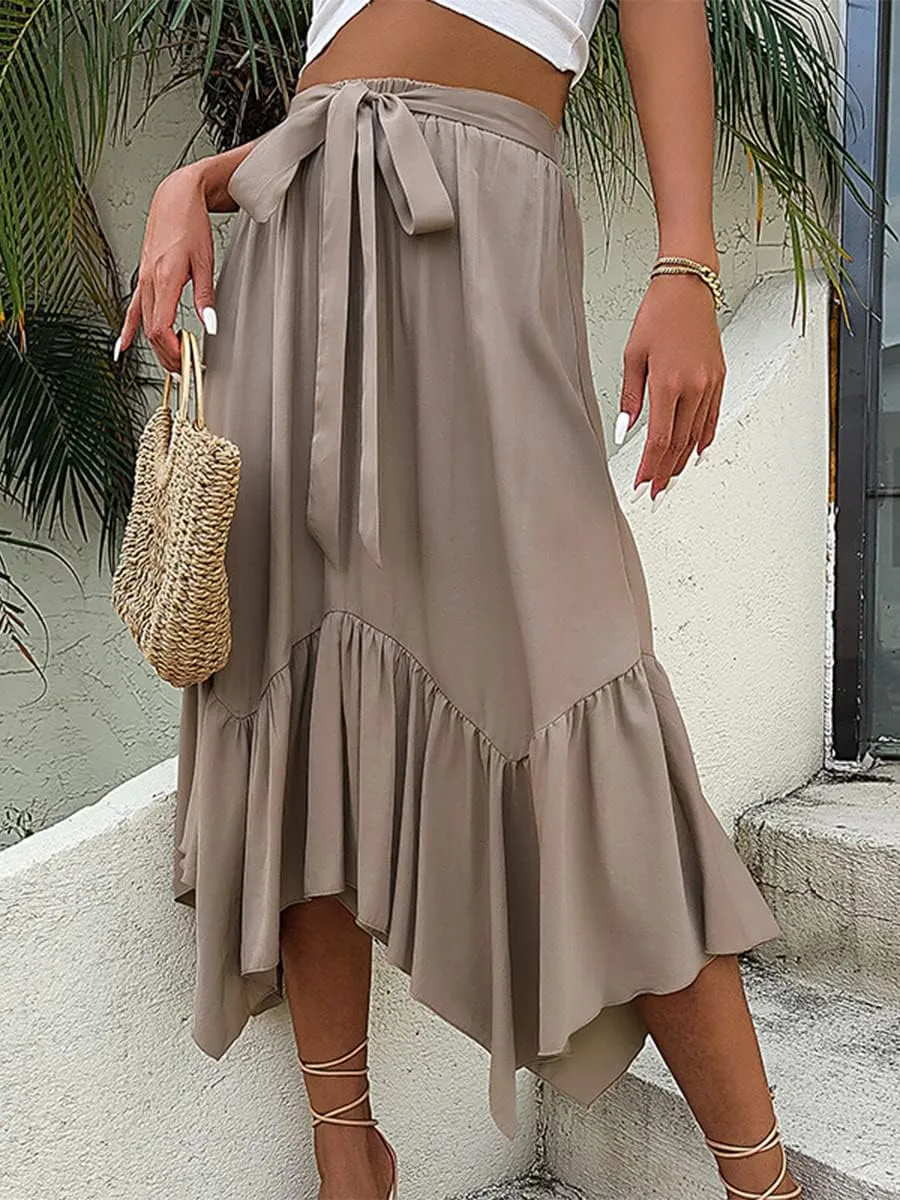 sysinside Women's High Elastic Waist Tie Front Pleated Asymmetrical Ruffled Hem Swing Midi Skirts