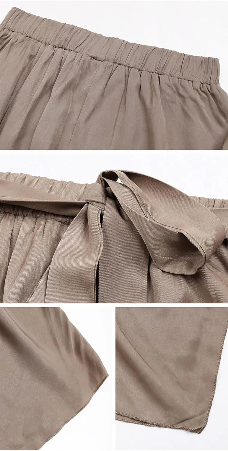sysinside Women's High Elastic Waist Tie Front Pleated Asymmetrical Ruffled Hem Swing Midi Skirts