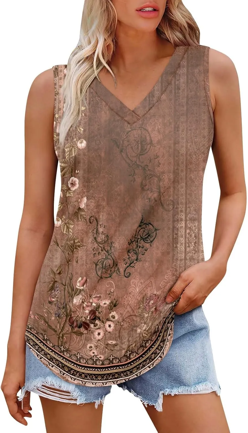 Tank Tops for Women 2025 Loose Fit V Neck Dressy Casual Tops Sleeveless Floral Print Shirts Summer Trendy Tank Tops