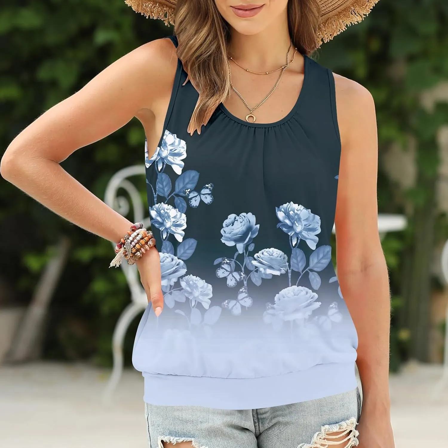 Tank Tops for Women Fashion Sleeveless Trendy Tops 2025 Sexy Ruched Crew Neck Floral Print Shirts Summer Casual Tops