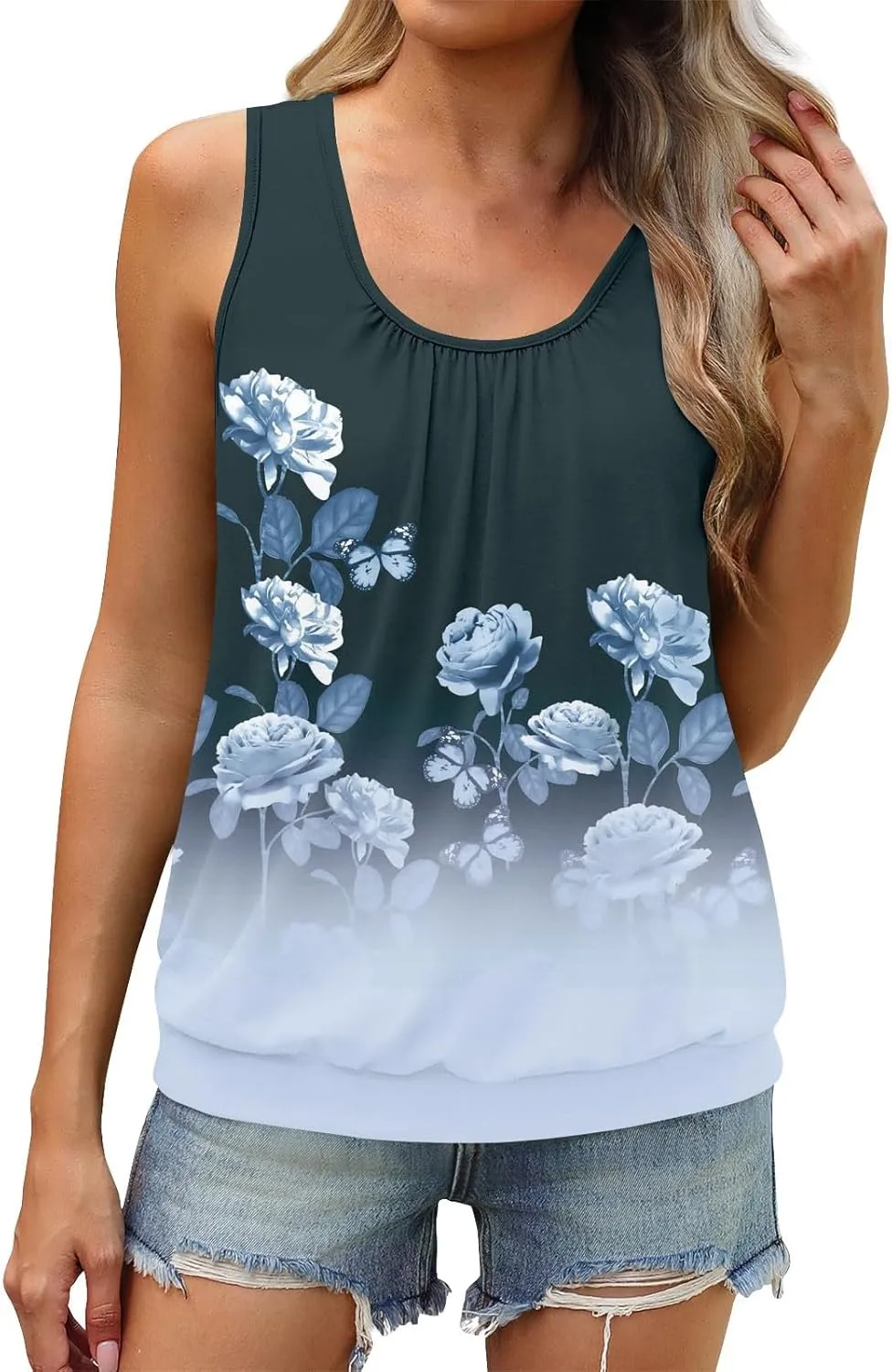 Tank Tops for Women Fashion Sleeveless Trendy Tops 2025 Sexy Ruched Crew Neck Floral Print Shirts Summer Casual Tops