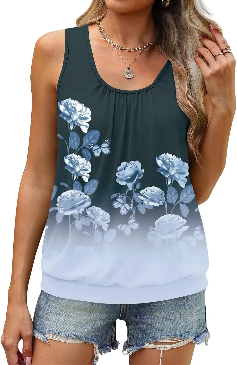 Tank Tops for Women Fashion Sleeveless Trendy Tops 2025 Sexy Ruched Crew Neck Floral Print Shirts Summer Casual Tops