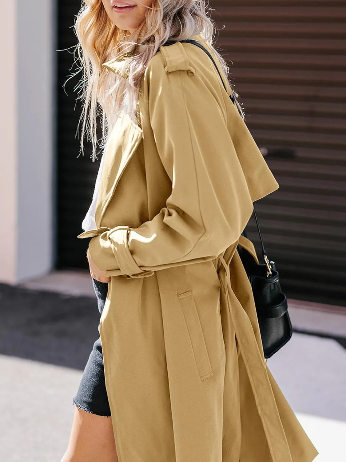 Tankaneo Women's Long Trench Coat Double Breasted Classic Lapel Oversized Windproof Overcoat Outerwear with Belt