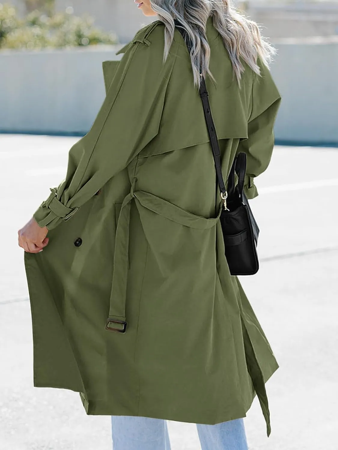 Tankaneo Women's Long Trench Coat Double Breasted Classic Lapel Oversized Windproof Overcoat Outerwear with Belt
