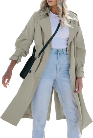 Tankaneo Women's Long Trench Coat Double Breasted Classic Lapel Oversized Windproof Overcoat Outerwear with Belt