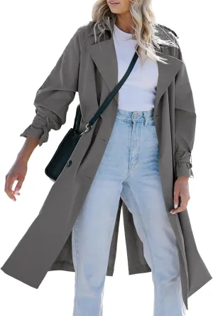Tankaneo Women's Long Trench Coat Double Breasted Classic Lapel Oversized Windproof Overcoat Outerwear with Belt