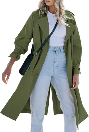 Tankaneo Women's Long Trench Coat Double Breasted Classic Lapel Oversized Windproof Overcoat Outerwear with Belt