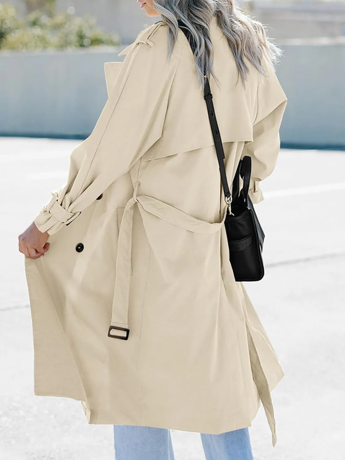 Tankaneo Women's Long Trench Coat Double Breasted Classic Lapel Oversized Windproof Overcoat Outerwear with Belt