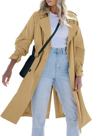 Tankaneo Women's Long Trench Coat Double Breasted Classic Lapel Oversized Windproof Overcoat Outerwear with Belt