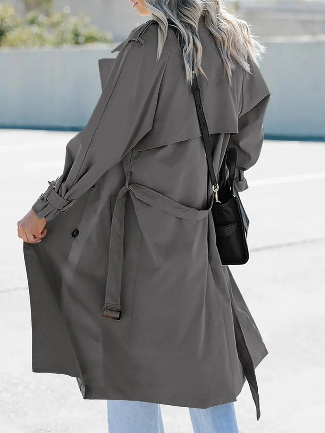 Tankaneo Women's Long Trench Coat Double Breasted Classic Lapel Oversized Windproof Overcoat Outerwear with Belt
